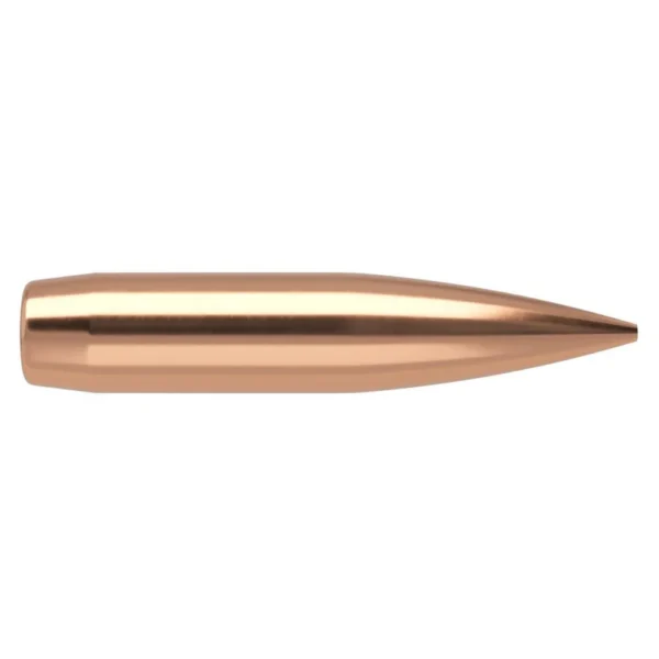Nosler RDF rifle bullet, side view of copper-colored pointed projectile with hollow tip