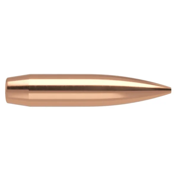 Nosler Custom Competition Rifle Bullets, copper-colored pointed bullet in side view