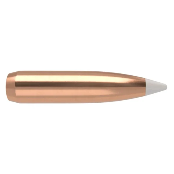 Nosler AccuBond rifle bullet, copper-coloured side view with white pointed tip