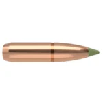 Nosler E-Tip copper-coloured pointed bullet with green polymer tip, side view