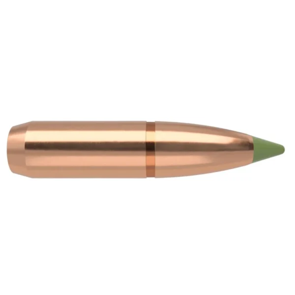 Nosler E-Tip copper-coloured pointed bullet with green polymer tip, side view