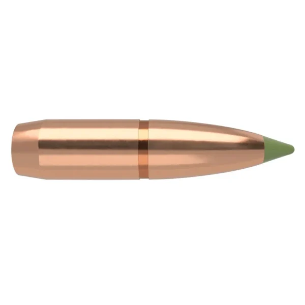 Nosler E-Tip Lead Free Rifle Bullets, side view of copper-coloured bullet with green tip