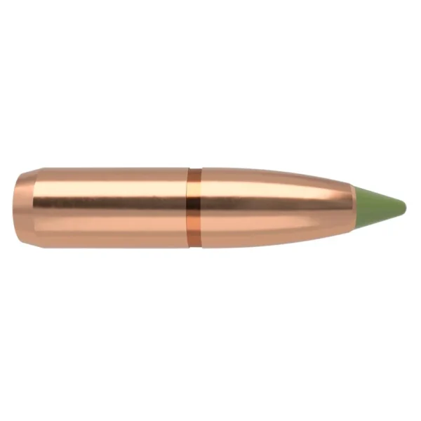 Nosler E-Tip Lead-Free Hunting Rifle Bullets, copper bullet side view with green polymer tip
