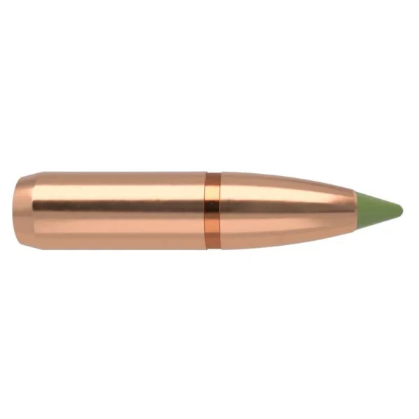 Nosler E-Tip Lead-Free Hunting Rifle Bullets, copper bullet side view with green polymer tip
