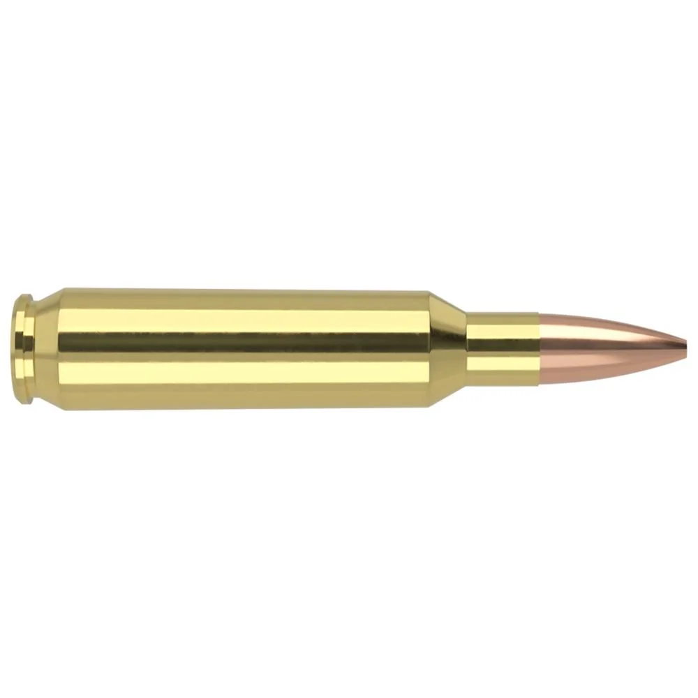 primary-27637 Nosler Custom Competition Match Grade Rifle Ammunition, side view of brass cartridge with copper bullet