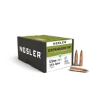 Nosler E-Tip lead-free hunting rifle bullets with black and white box and copper bullets