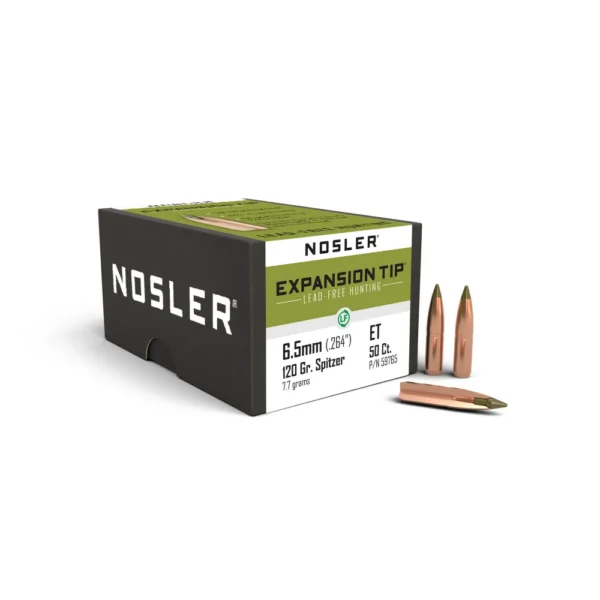 Nosler E-Tip lead-free hunting rifle bullets with black and white box and copper bullets