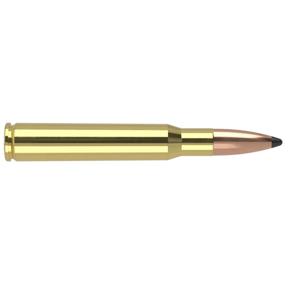 primary-27643 Nosler Partition Trophy Grade rifle ammunition, side view of brass cartridge with copper bullet
