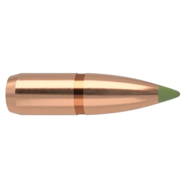 Nosler E-Tip Lead Free Rifle Bullets copper-colored pointed bullet with green polymer tip, side view