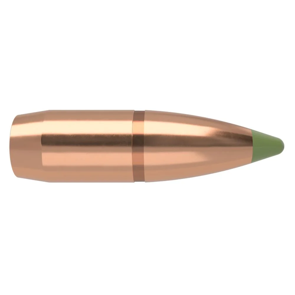 primary-27661 Nosler E-Tip Lead Free Rifle Bullets, side view of copper-colored bullet with green tip