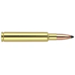 Nosler Partition Trophy Grade Rifle Ammunition, brass cartridge with pointed copper bullet, side view