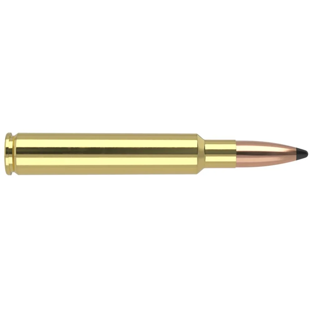 primary-27664 Nosler Partition Trophy Grade Rifle Ammunition, brass cartridge with pointed copper bullet, side view