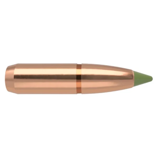 Nosler E-Tip 7mm bullet in side view with copper-colored body and green polymer tip