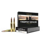 Nosler Partition Trophy Grade Rifle Ammunition box with three brass cartridges displayed