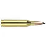Nosler Varmegeddon rifle cartridge, side view with brass case and pointed copper bullet