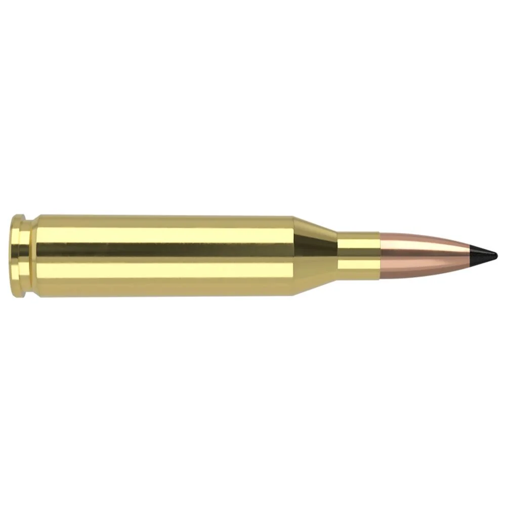 primary-27692 Nosler Varmegeddon rifle cartridge, side view with brass case and pointed copper bullet