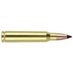 Nosler Varmageddon Rifle Ammunition, side view of brass cartridge with copper bullet and black tip