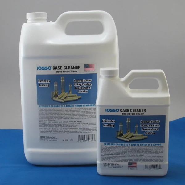 Iosso Case Cleaner, front view of two white handled jugs with blue labels