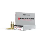 Nosler Varmegeddon rifle ammunition, white and gray boxes with three brass cartridges