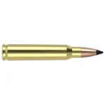 Nosler Varmageddon rifle ammunition cartridge with brass case and black-tipped bullet, side view