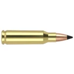 Nosler Varmegeddon Rifle Ammunition, side view of brass cartridge with copper-colored pointed tip