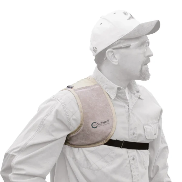 AOB Caldwell PAST Field Recoil Shield tan shoulder pad worn across chest, right-side view