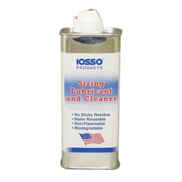 Iosso Sizing Lube & Cleaner, front view of rectangular metal bottle with white cap