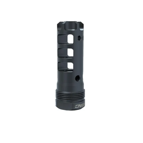 Lantac Plan B Full Length Dragon Muzzle Brake, black upright view with side ports and threaded base