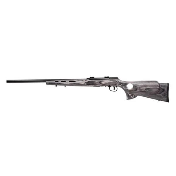 Savage A22 Target Thumbhole rifle, right-side view with grey laminate thumbhole stock