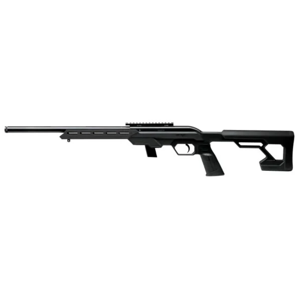 Savage Arms 64 Precision Rifle black side view with skeletal stock, pistol grip and top rail