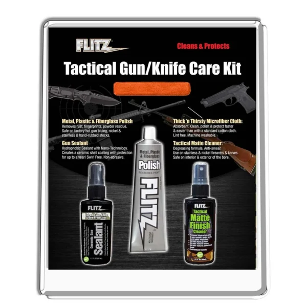 Flitz Tactical Gun & Knife Care Kit, front view of package with three care product bottles