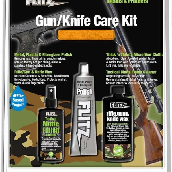 Flitz Gun & Knife Care Kit in clear retail case with polish, matte finish cleaner and wax