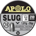 Hatsan Apolo Slug Air Rifle Pellets, top view of round black, gray and cream labeled tin