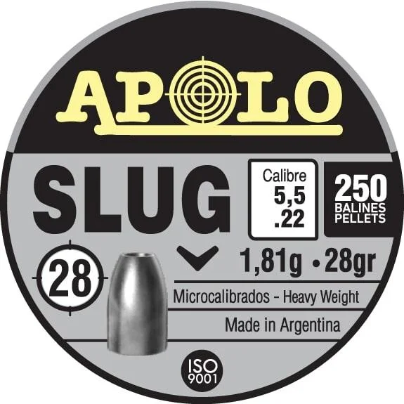 Hatsan Apolo Slug Air Rifle Pellets, top view of round black, gray and cream labeled tin