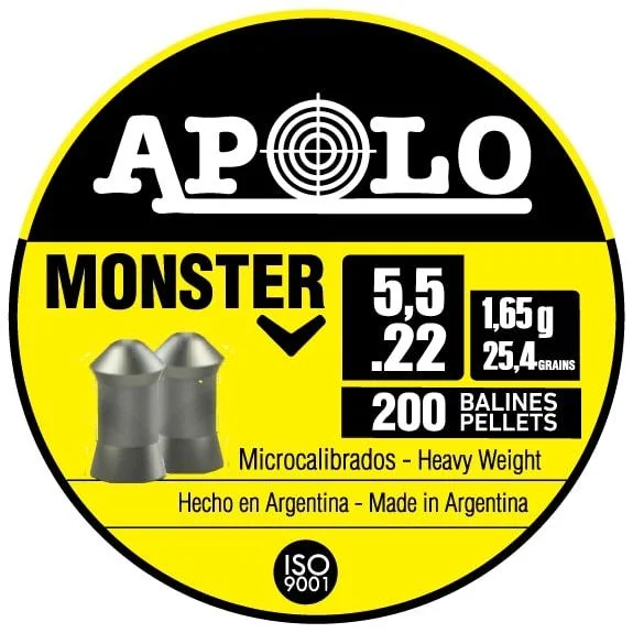 Hatsan Apolo Monster Air Rifle Pellets, front view of round yellow and black tin with pellet graphic