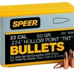 Speer TNT Rifle Bullets, yellow and gray box in front view with loose copper bullets