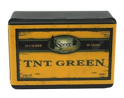 Speer TNT Green Rifle Bullets, black and yellow rectangular box shown from the front