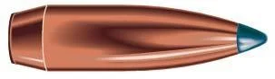 Speer Boat Tail Rifle Bullets 6mm .243 85 gr SBT, side view of copper bullet with blue tip