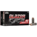 CCI Blazer Aluminum black ammunition box with two cartridges, front view