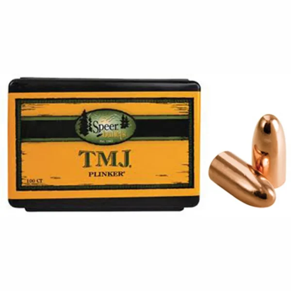 Speer TMJ black and yellow bullet box with two copper-coloured flat-nose bullets