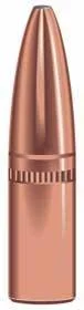 Speer Grand Slam copper-colored rifle bullet, side view with pointed tip and grooved body