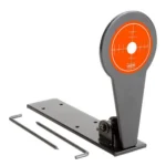 Champion Rimfire Gong Popper target, angled front view with orange bullseye and gray base