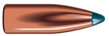 Speer Hot-Cor Rifle Bullets .338, side view of copper-colored pointed bullet with blue tip