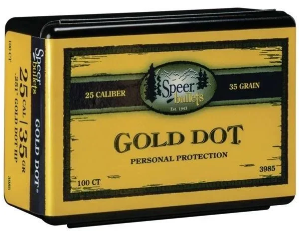 Speer Gold Dot Personal Protection Handgun Bullets, black and yellow retail box in angled view