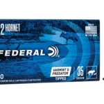 Federal American Eagle Varmint & Predator blue ammunition box with two cartridges, front view