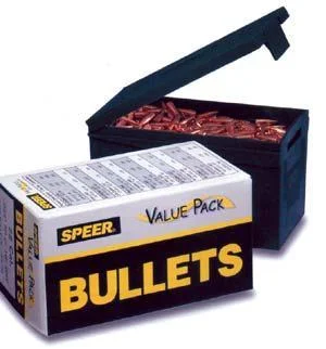 Speer TNT Rifle Bullets box beside open blue container filled with copper-coloured bullets