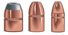 Speer Jacketed Handgun Bullets, three copper bullets in front view, one showing a hollow point