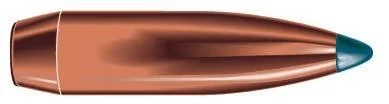 Speer Boat Tail Rifle Bullets, copper-coloured side view with pointed blue tip