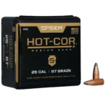 Speer Hot-Cor Rifle Bullets box, front view with one copper-coloured bullet beside it