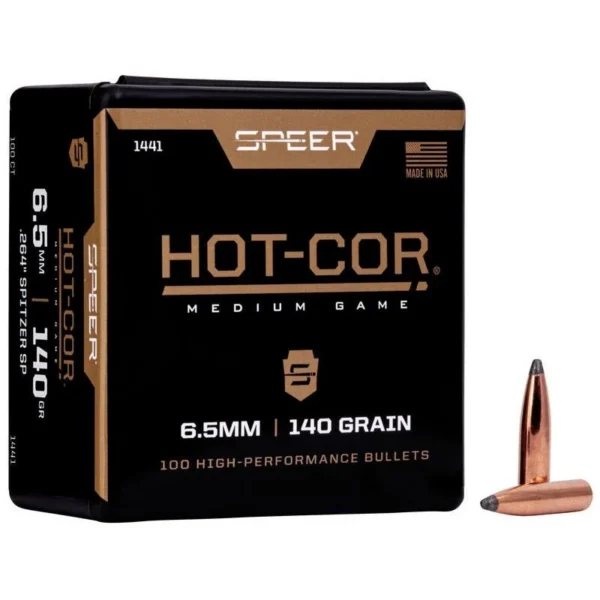 Speer Hot-Cor Soft Point Bullets, black and bronze box with two copper-coloured bullets